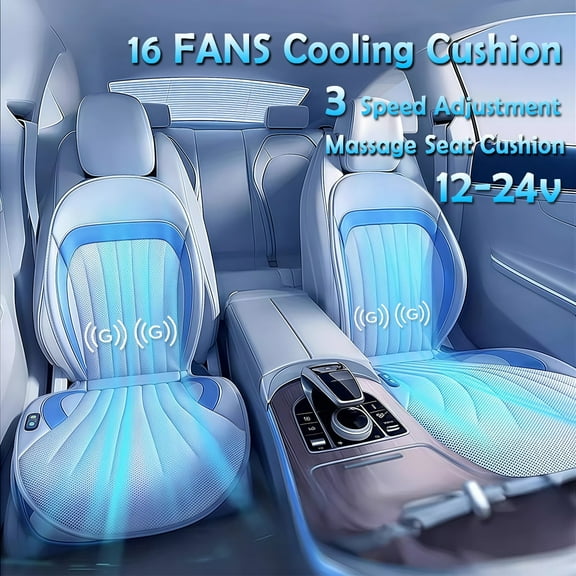 Cool Air Car Seat Cushion with Back Massage, 12V 16 Fans with 3 Cooling Air Speeds for Car or Office Chair Cover for Driver in Summer Hot Days