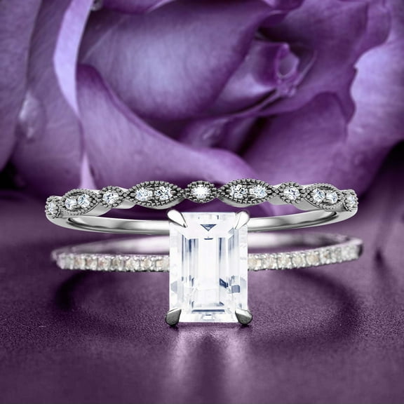 Bridal Rings Set Art Deco 1.75 Carat Emerald Cut Diamond Moissanite Antique Engagement Ring, Wedding Ring in 925 Sterling Silver With White Gold Plating, Gift For Her, Promise Ring, Anniversary Ring