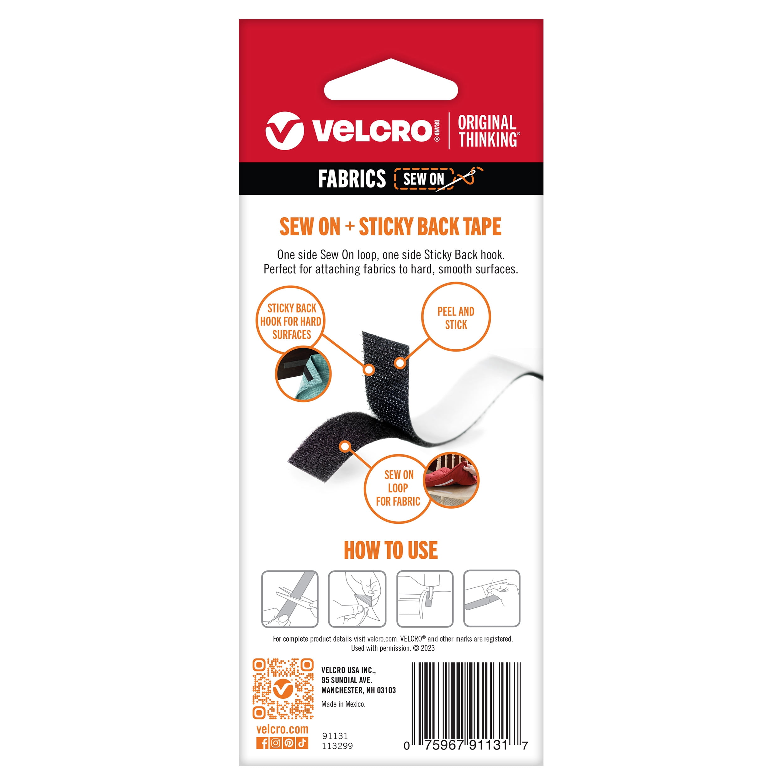 (2 pack) VELCRO Brand Sew On + Sticky Back - Home Décor - Combination of Sew On Loop and Adhesive Backed Hook Tapes, 6' x 1", Black