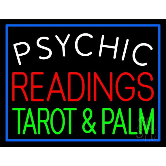 White Psychic Red Readings Green Tarot And Palm LED Neon Sign 24" Tall x 31" Wide - inches Black Square Cut Acrylic Backing, with Dimmer - Bright and Premium built indoor LED Neon Sign for Storefront.