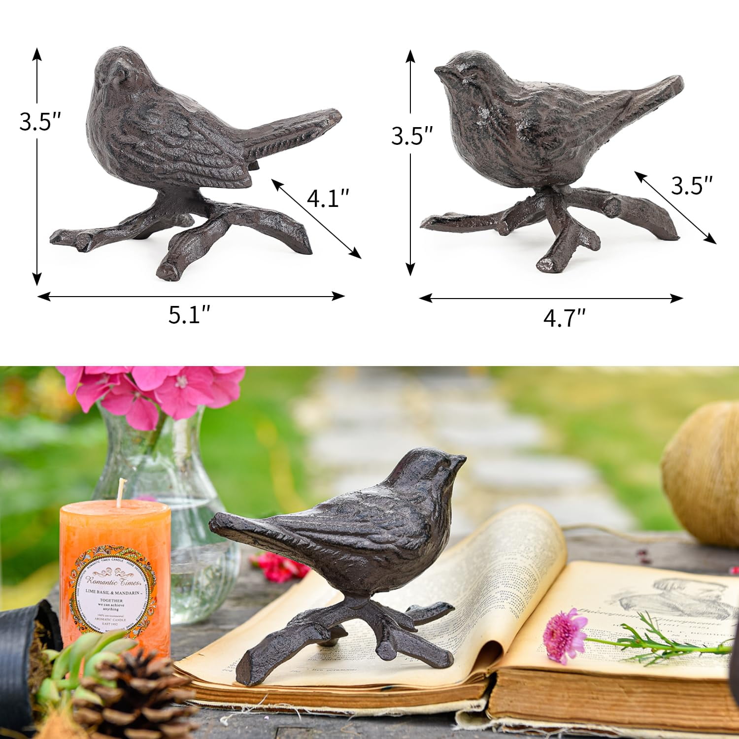 Sungmor Cast Iron Small Bird Statues, Set of 2 Rust Brown Bird with Branch Collectible Figurines, Farmhouse Home Garden Decorative Bird Sculpture, Realistic Indoor and Outdoor Ornaments