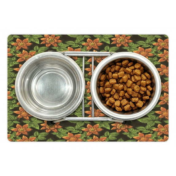 Burnt Orange Pet Mat for Food and Water, Continuous Floral Pattern with Hand Paint Like Petals and Leaves, Non-Slip Rubber Mat for Dogs and Cats, 18" X 12", by Ambesonne