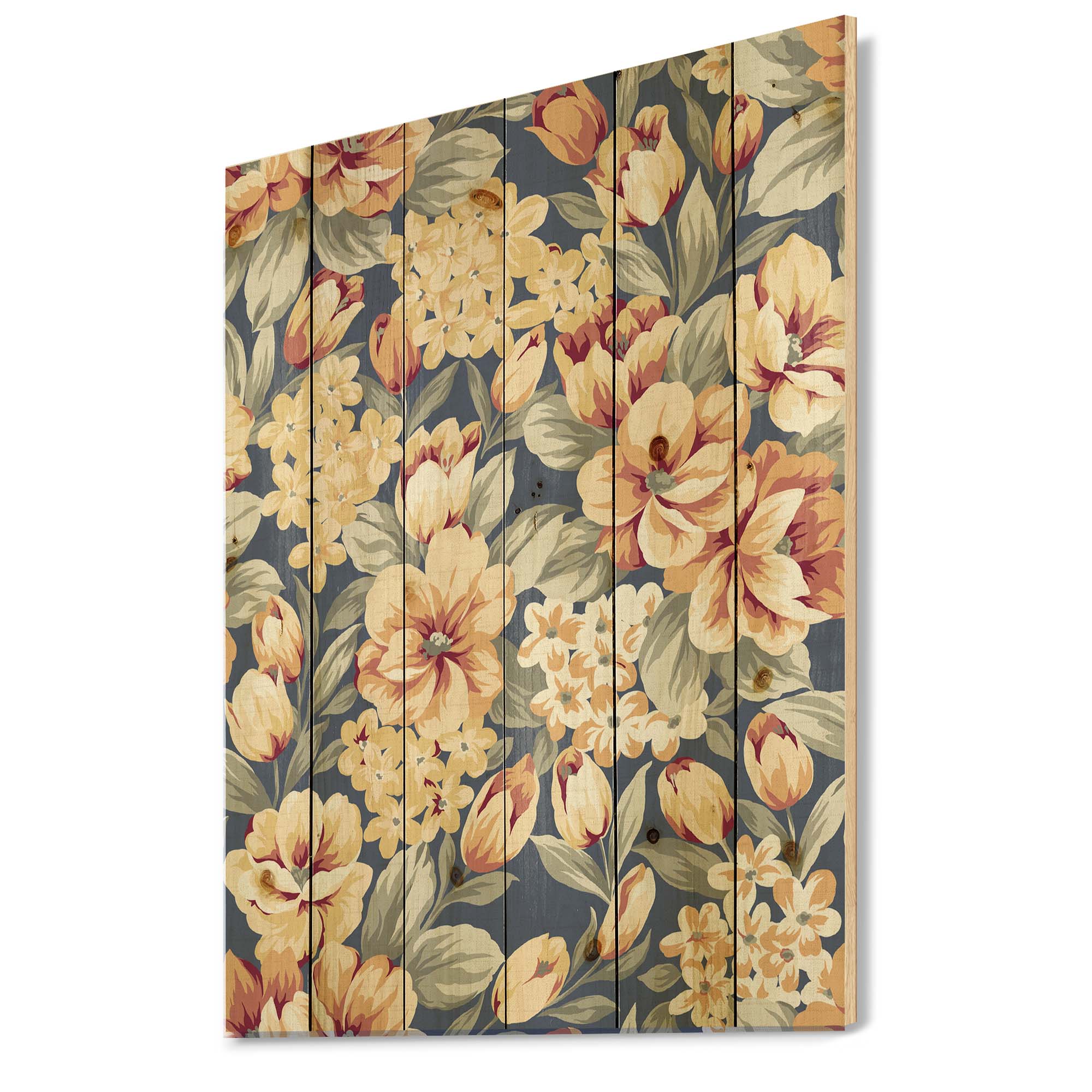 Designart 'Vintage Orange and Yellow Flowers' Traditional Print on Natural Pine Wood