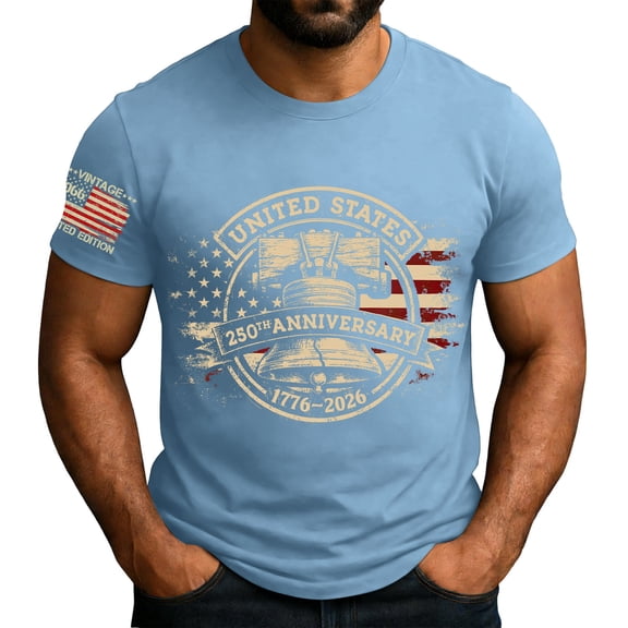 LNZGNM Men's 4th of July Shirts USA 250th Anniversary Flag Print T-Shirt Short Sleeve Crewneck Patriotic Shirts Casual Memorial Day Top,Light Blue 2XL