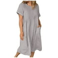 thumbnail image 1 of GYUJNB Robe Maxi d'Été en Coton et Lin pour Femmes Manches Courtes Col Rond Longue Coupe Décontractée avec Poches, 1 of 5