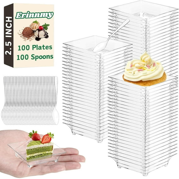 100 Pcs Mini Dessert Plates with Spoons,2.4'' Mini Disposable Appetizer Plates,Reusable Square Plastic Mini Plates,Clear Mini Dessert Plates for Dessert Appetizer Sauce Cake Fruit,1 oz