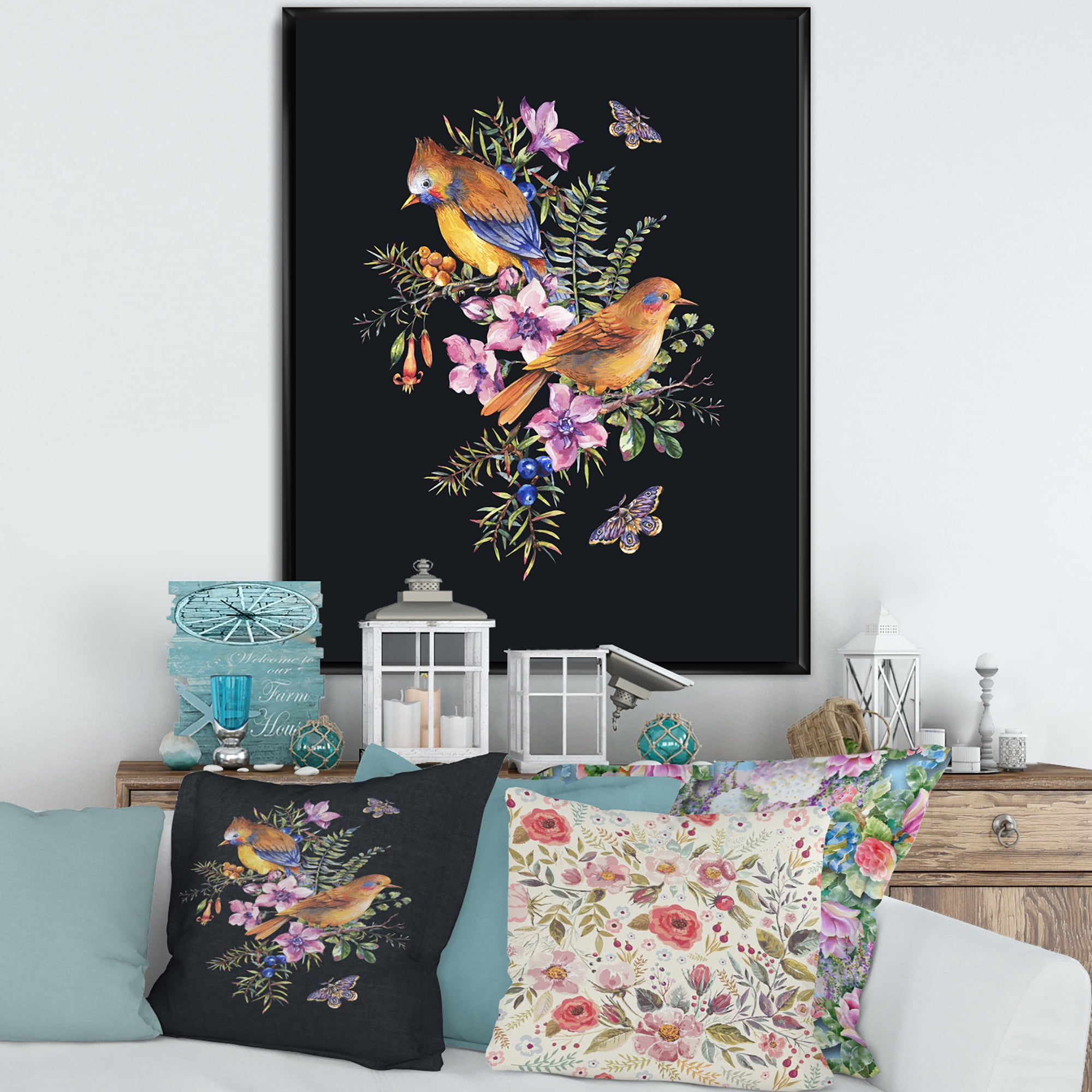 Designart 'Little Bird Sitting On Colourful Bouquet Of Wildflowers II' Traditional Framed Canvas Wall Art Print