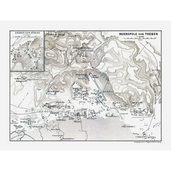 Historic Map - Theban Necropolis Egypt - Baedeker 1913 - Vintage Wall Art