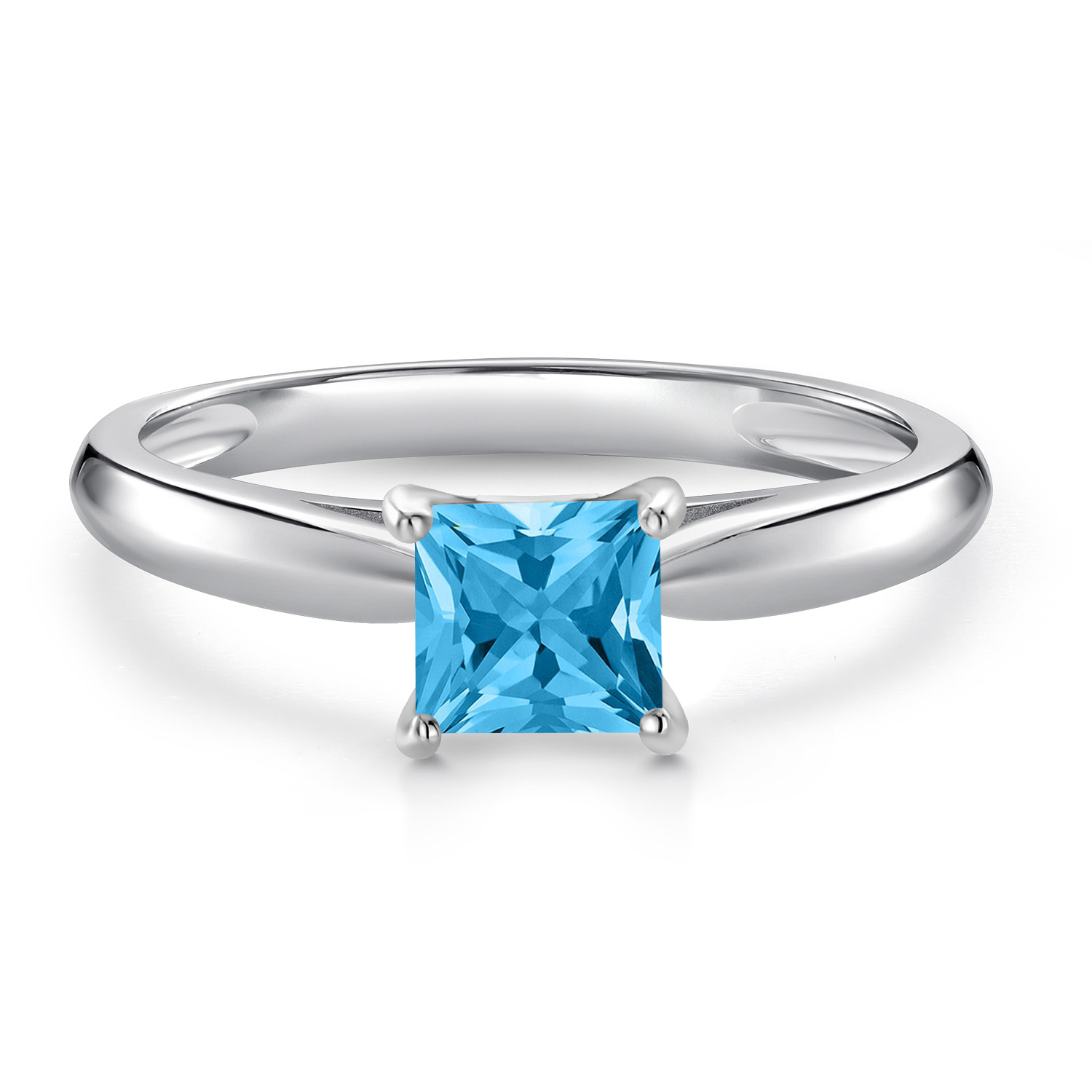 Gem Stone King 10K White Gold Swiss Blue Topaz Engagement Ring for Women | 0.80 Cttw | Princess 5MM | Gemstone November Birthstone | Size 6