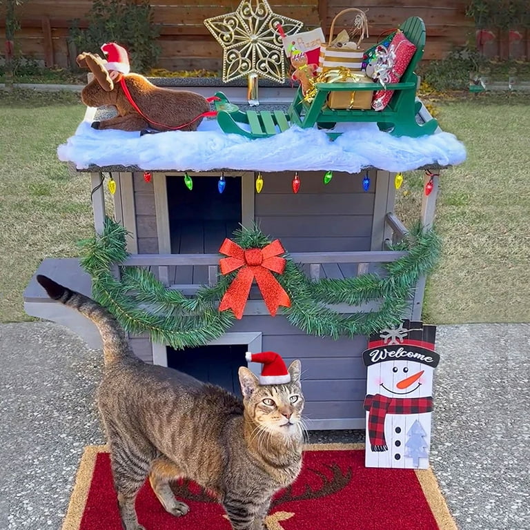 Aivituvin Outdoor Cat House Wooden Winter Weatherproof Feral Cat Shelter with Balcony