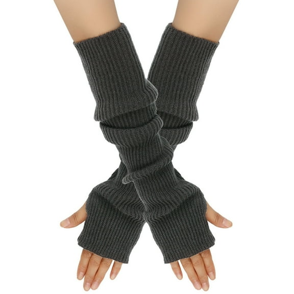 Winter Fingerless Long Gloves for Women FleeceBlended Knitted Arm Warmers Super Soft Black Arm Sleeves Dark Gray Free