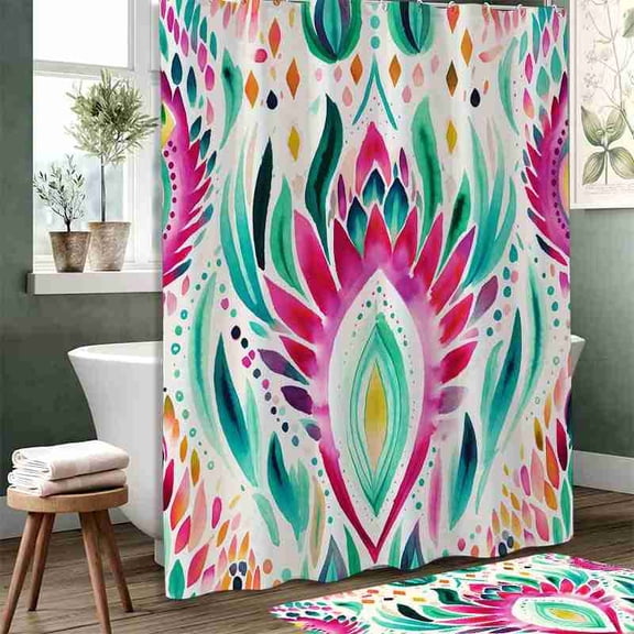 70x70 inch Abstract Pink Teal Watercolor Floral Shower Curtain, Waterproof Polyester Fabric with Hooks for Bathroom Decor