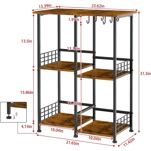 Rustic Brown Kitchen Island Table with Storage, 3-Tier Bakers , Microwave Stand, 6 Adjustable Mug Hooks for Dining Room