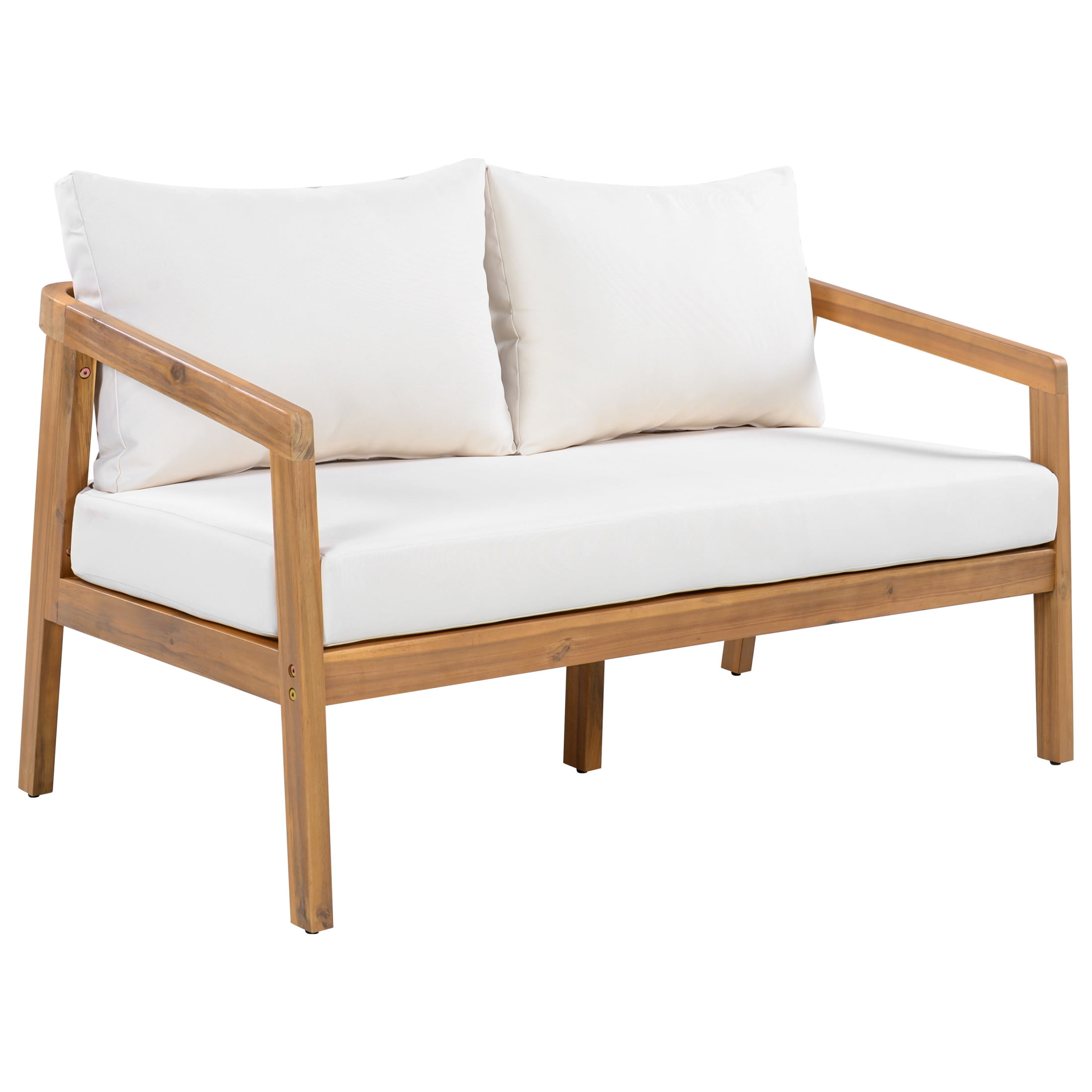 Christopher Knight Home Modern Outdoor Loveseat Sofa, Natural Acacia Wood Frame with Beige Cushions