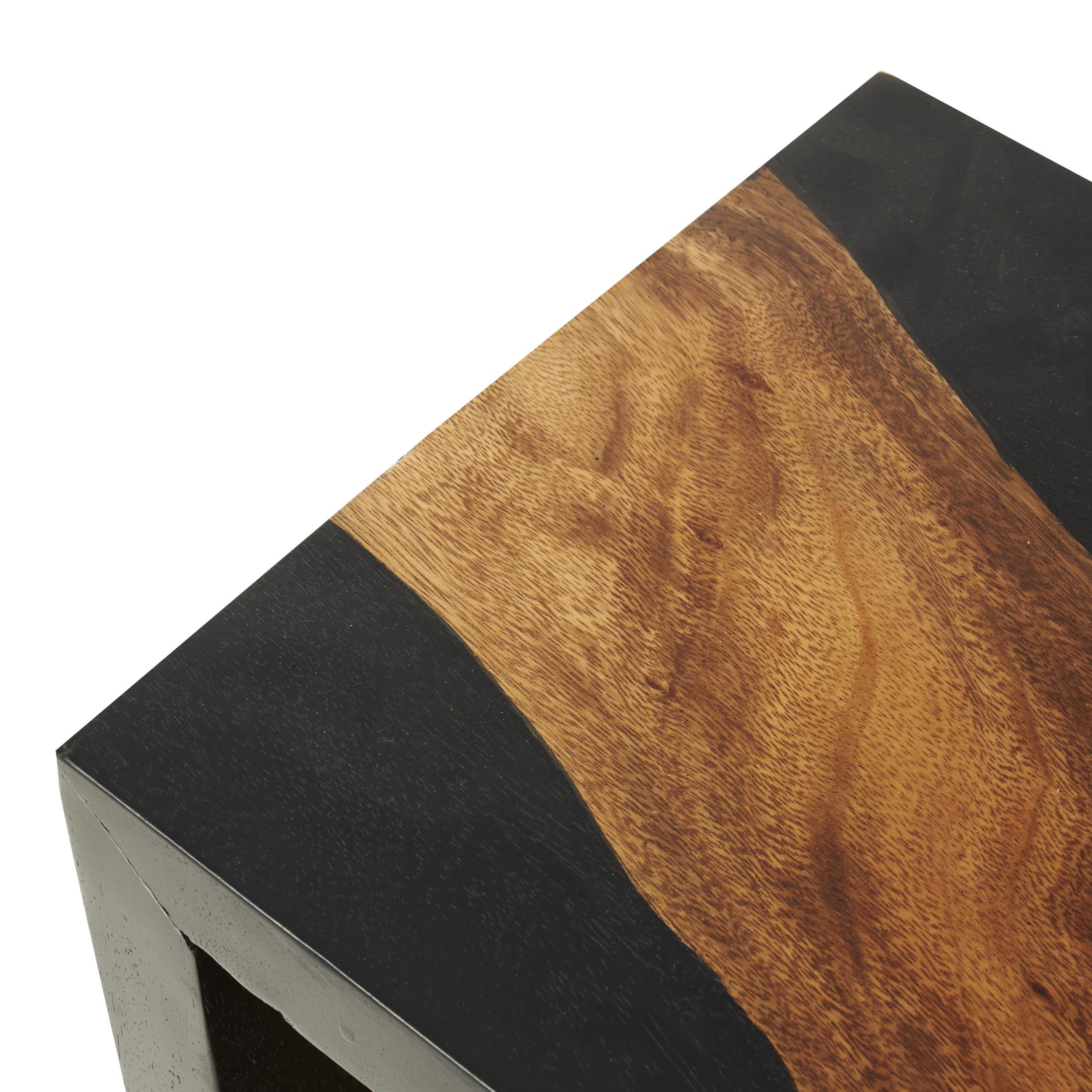 DecMode 14" x 24" Black Wood Handmade Block Accent Table with Brown Live Edge Wood Interior, 1-Piece