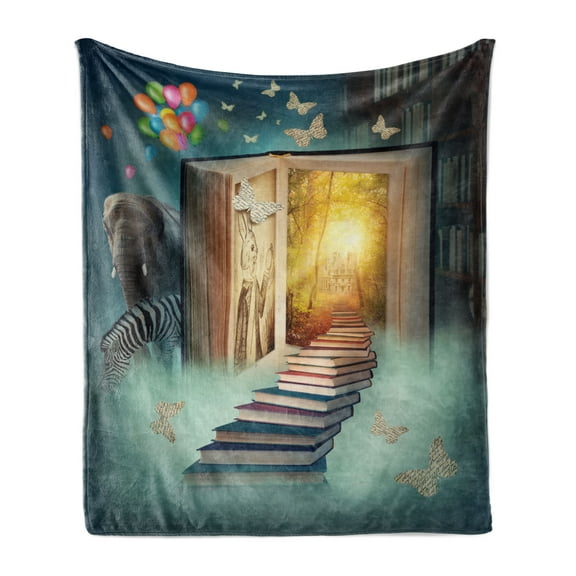 Fantasy Soft Flannel Fleece Throw Blanket, Upstairs to Magic Book Forest Balloon Zebra Animal Butterflies, Cozy Plush for Indoor and Outdoor Use, 50" x 60", Teal and Yellow, by Ambesonne