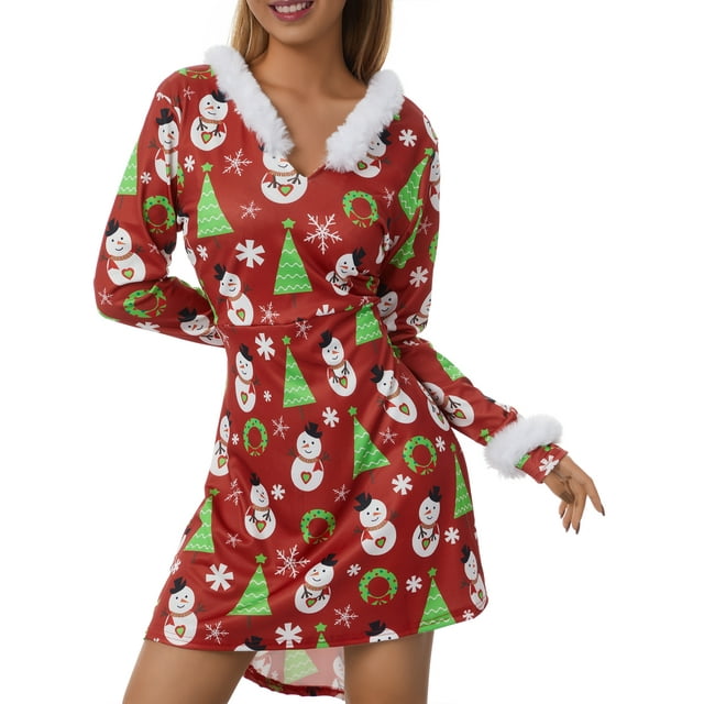 FOCUSNORM Robe de Noël Juniors pour Femmes Manches Longues en Peluche Col en V Dessin Animé Fête Midi