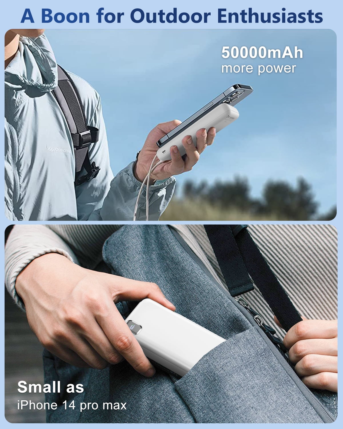 Tilnce 50000mAh Power Bank, 30W PD Fast Charging Portable Charger for iPhone 17 16 15 Pro Max, Samsung Galaxy; High-Capacity Battery Pack for Camping & Emergency