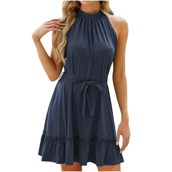 LYXSSBYX Casual Dresses for Women Women's Neck Tie Pleated Sleeveless Solid Color Dress