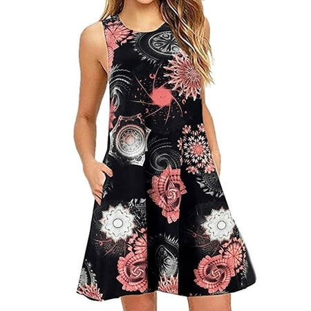Plus Size Women Boho Sleeveless Floral Mini Loose Swing Dress