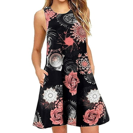Floral Embroidered Organza Dress - Plus Size Women Boho Sleeveless Floral Mini Loose Swing Dress