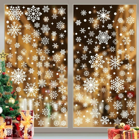 155 Pcs 10 Sheet Double-Sided Christmas Window Clings, Large Christmas Snowflake Window Cling Stickers for Glass, Xmas Holiday Snowflake Decals for Party