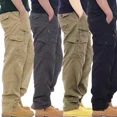 thumbnail image 2 of Mono de algodón sencillo, pantalones informales para hombre, cintura elástica, pantalones con múltiples bolsillos de talla grande, 2 of 5