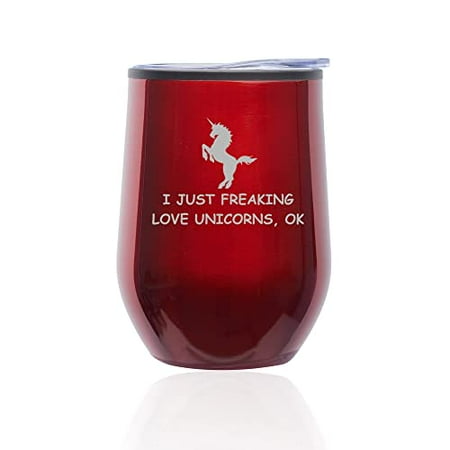 

Stemless Wine Tumbler Coffee Travel Mug Glass with Lid I Just Freaking Love Unicorns Funny (Red)