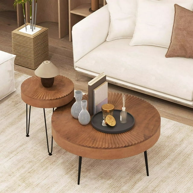 Harmijoy Farmhouse Round CoffeeTable Set of 2 End Table Natural Finish for Living Room