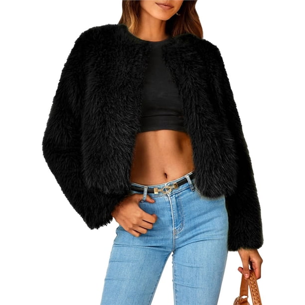 Abrigos de Invierno para Mujer, Chaqueta Corta de Forro , de Piel Sintética, Larga, Bolsillos, Abrigos Peludos y Cálidos, Ropa de Otoño. Negro L