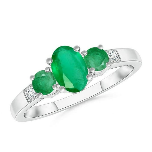 ANGARA Natural Three Stone Emerald Engagement Ring with Diamond Accents in 14K White Gold for Women (Size-6x4mm) | May Birthstone, Birthday, Anniversary, Jewelry Gift for Women | Natural Emerald Ring