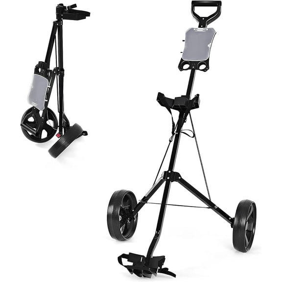 Golf Cart, 2 Wheel Golf Push Cart with 9.5” Wear-Resistant Rubber Wheels, Elastic Strap & Scoreboard, Folding Lightweight Portable Golf Caddy Cart for Teens Adults