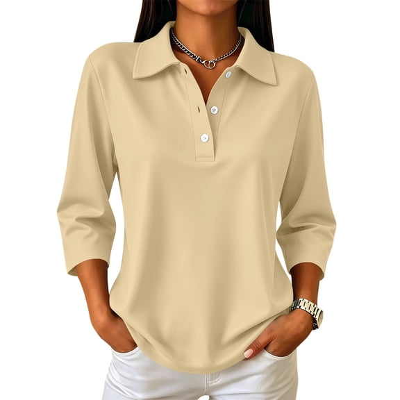 KLHDSF Polo Shirts for Women 3/4 Sleeve Tops Golf Tees | Women's Polo, 3/4 Sleeve, Collared, 3-Button, Three Quarter, Golf, Cotton Blend, Casual, Business, Work, Soft, Breathable Beige L