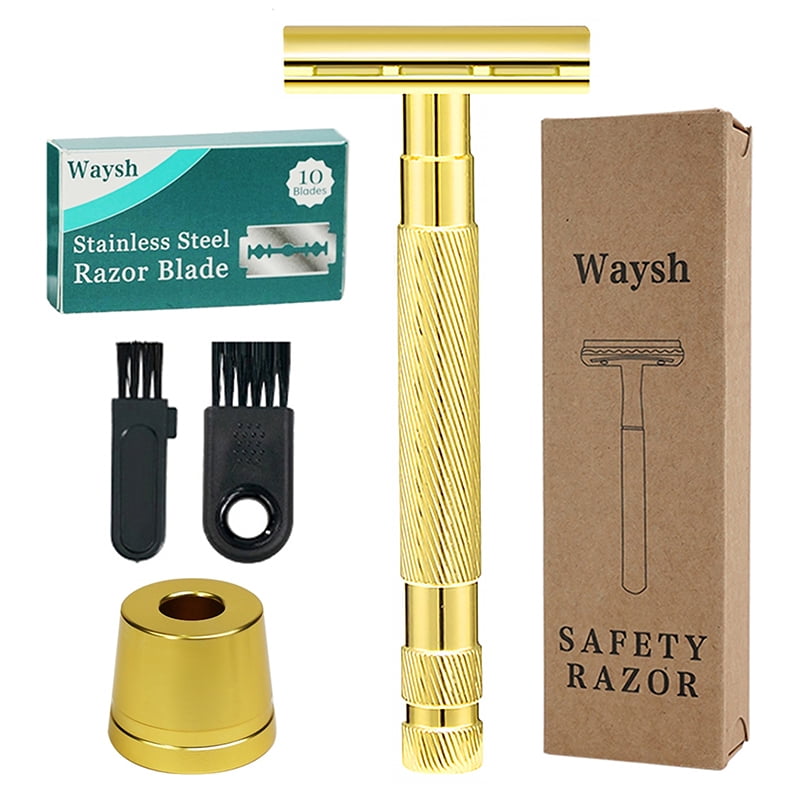 Waysh Safety Razor with Knurled Grip Handle, Complete Double Edge Razor Gift Set with Stand and 20 Blades, Gold
