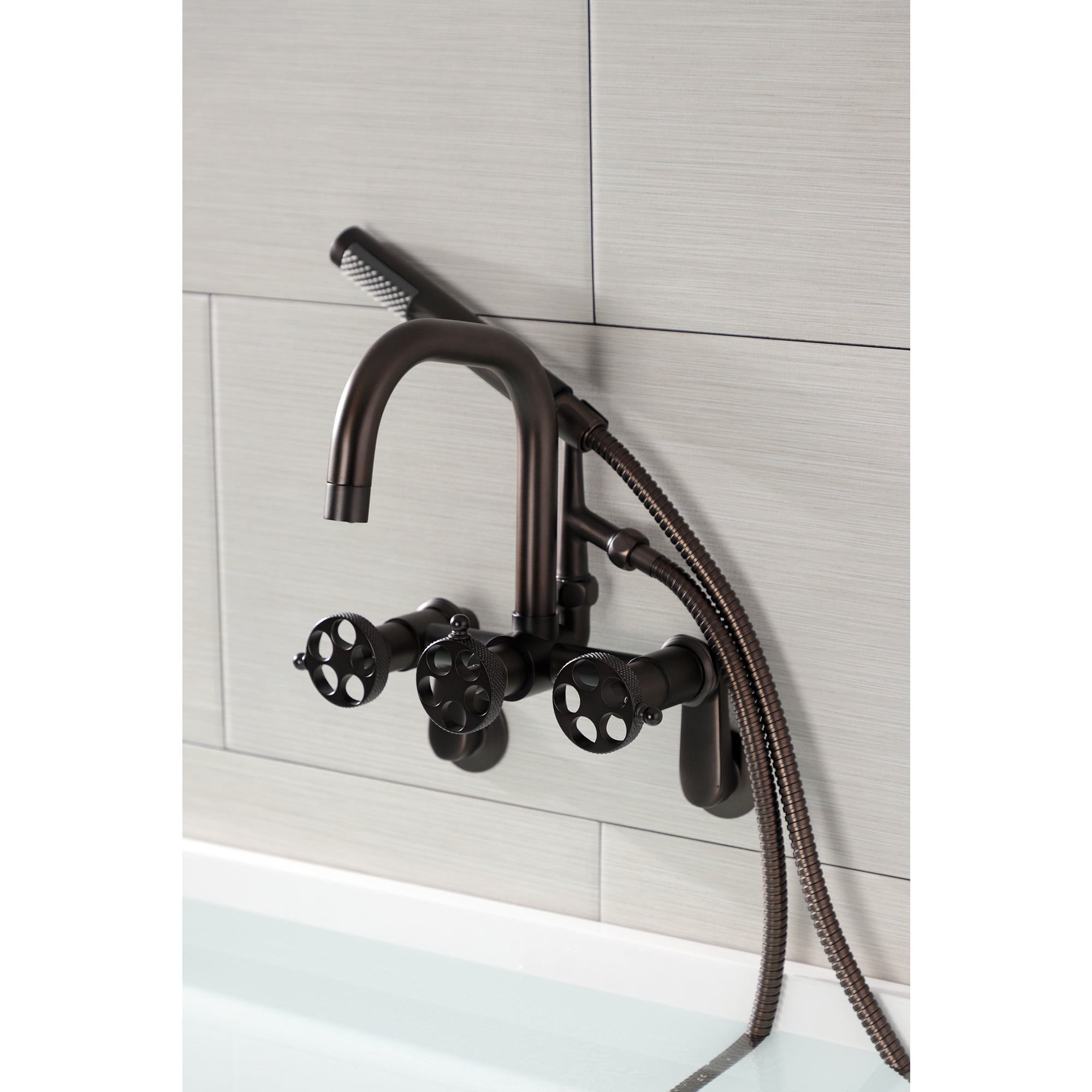 Kingston Brass AE8455RKX Webb 7-Inch Adjustable Wall Mount Clawfoot Tub Faucet with Knurled Handle and Hand Shower, Oil Rubbed Bronze