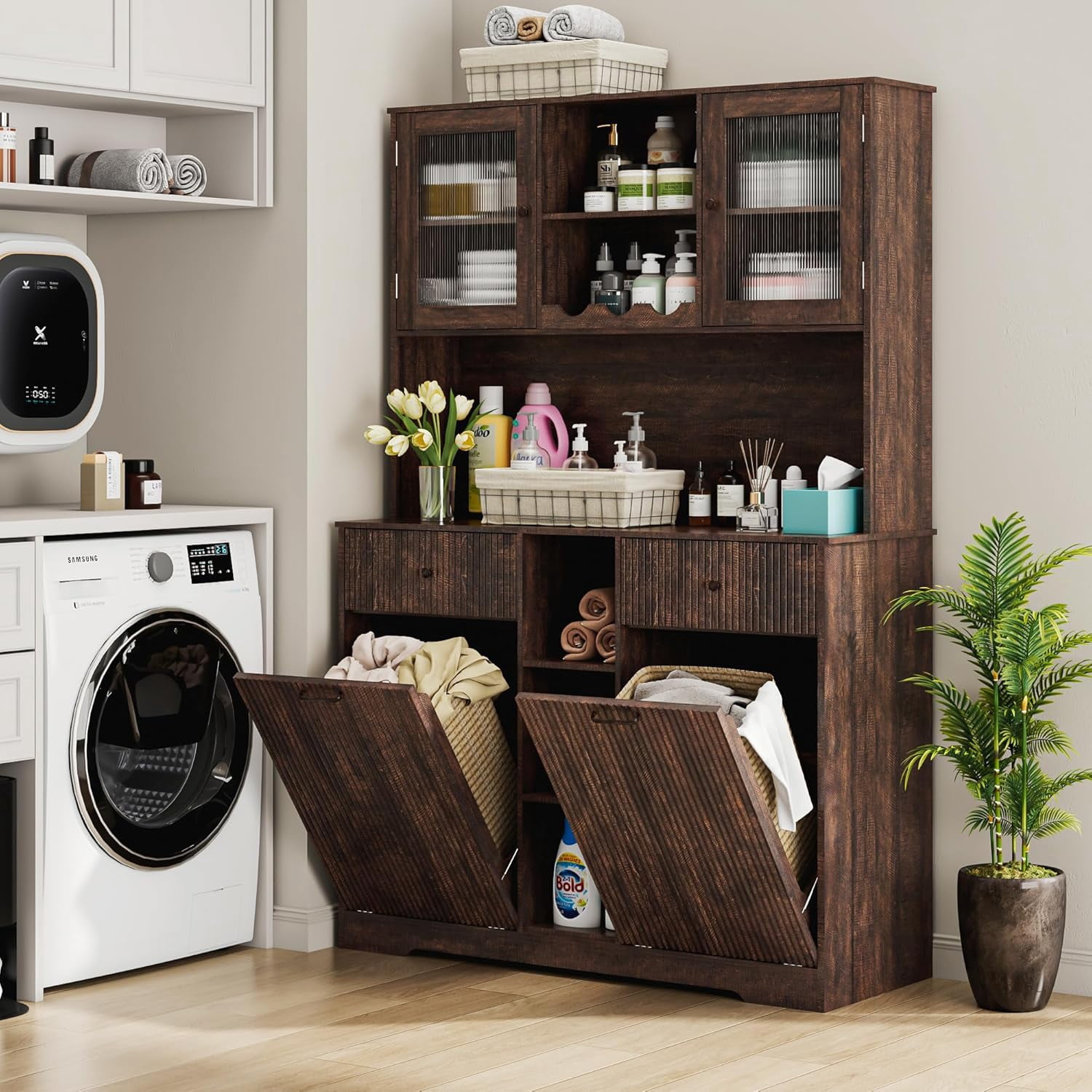 Blotout 47" Wide Kitchen Pantry Storage Cabinet with Charging Station & Microwave Stand, Tall Fluted Kitchen Hutch Cabinet, Double Tilt Out Trash Can Cabinet 10X2 Gallon