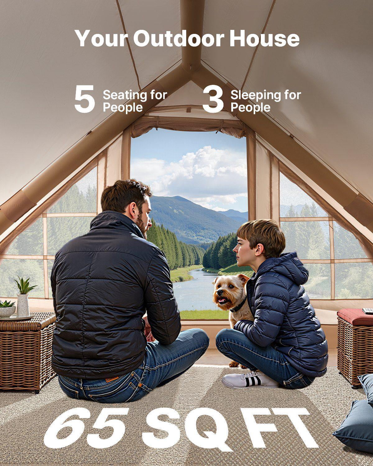 Inflatable 3-5 Person 4-Season Camping Tent – Easy Setup with Hand Pump – 300D Oxford Canopy, Stove Jack, 2 Doors & 2 Mesh Windows – Includes Storage Bag