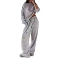 thumbnail image 2 of Delayuji Womens Pajamas Sets Striped 2 Piece Outfits Loungewear Long Sleeve Top and Wide Leg Pant Set Fall Winter Clothing, 2 of 6