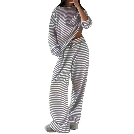 VISALY Valentines Loungewear Striped Sleepwear Lounge Set Nightwear Womens Button Down Pajama Sets Comfy Lounge Sets Comfortable Pjs Set Long Sleeve Pajama Set Soft Pajama Set for Women Grey Xxl