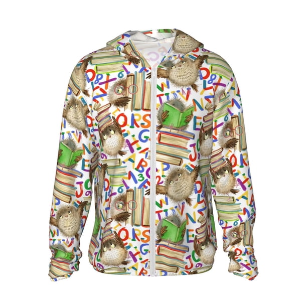 Fotbe Owl Back To School Chaqueta con Protección Solar UPF 50+ para Hombre y Mujer, Camisa con Capucha y Bolsillos-XX-Large
