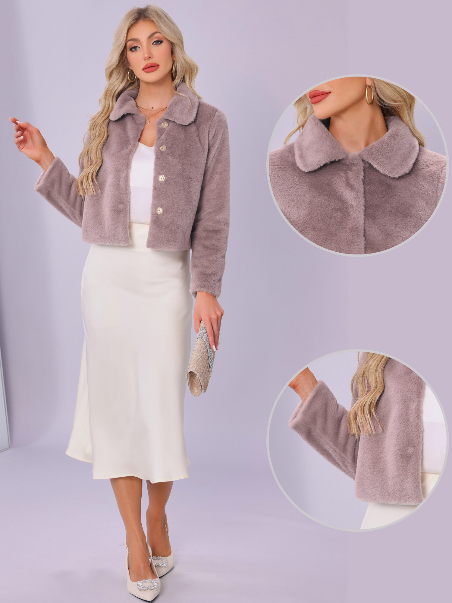 DARING DIVA Women's Dressy Faux Fur Cropped Snap Button Fluffy Jacket L Dusty Pink