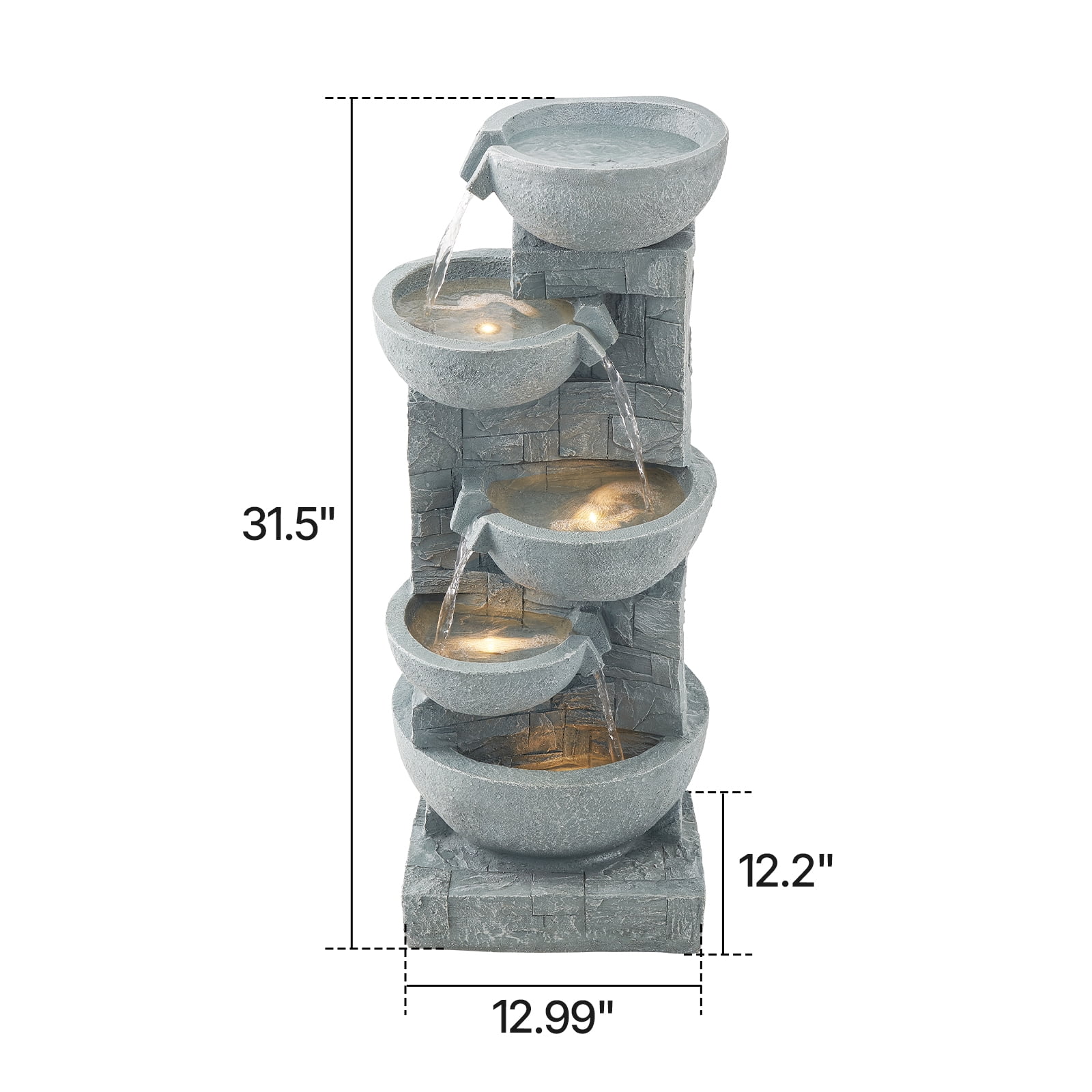 VEVOR Outdoor Water Fountain, 31.5 in Height Fountain and Waterfall, 5-Tier Floor Standing Bowl-Shaped Cascading Fountains with LED Light and Pump, for Outdoor Indoor Garden, Home, Patio & Backyard