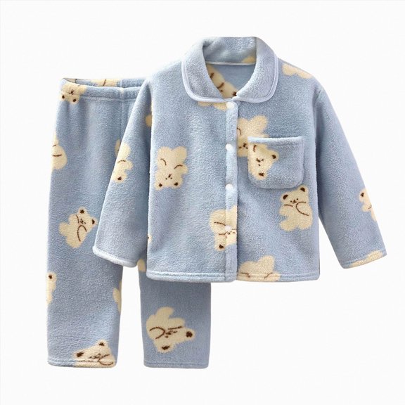 Splozh Girls Pajama Sets Girls and Boys Comfortable Warm Homewear Set Baby Plush Long Sleepwear Casual Homewear,Blue,3-4 Years