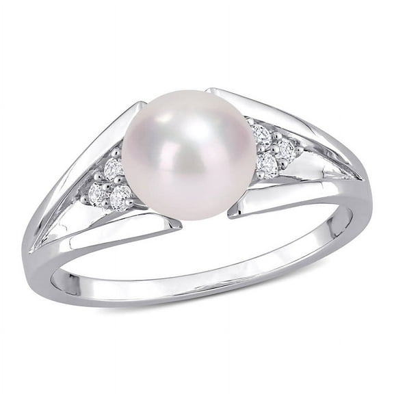 AMOUR 7-7.5mm Freshwater Cultured Pearl and Diamond Accent Split-shank Ring In Sterling Silver