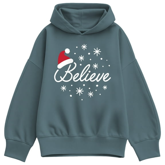 Instant Message - Believe With Santa Hat - Ladies Oversized Fleece Hoodie Sweatshirt