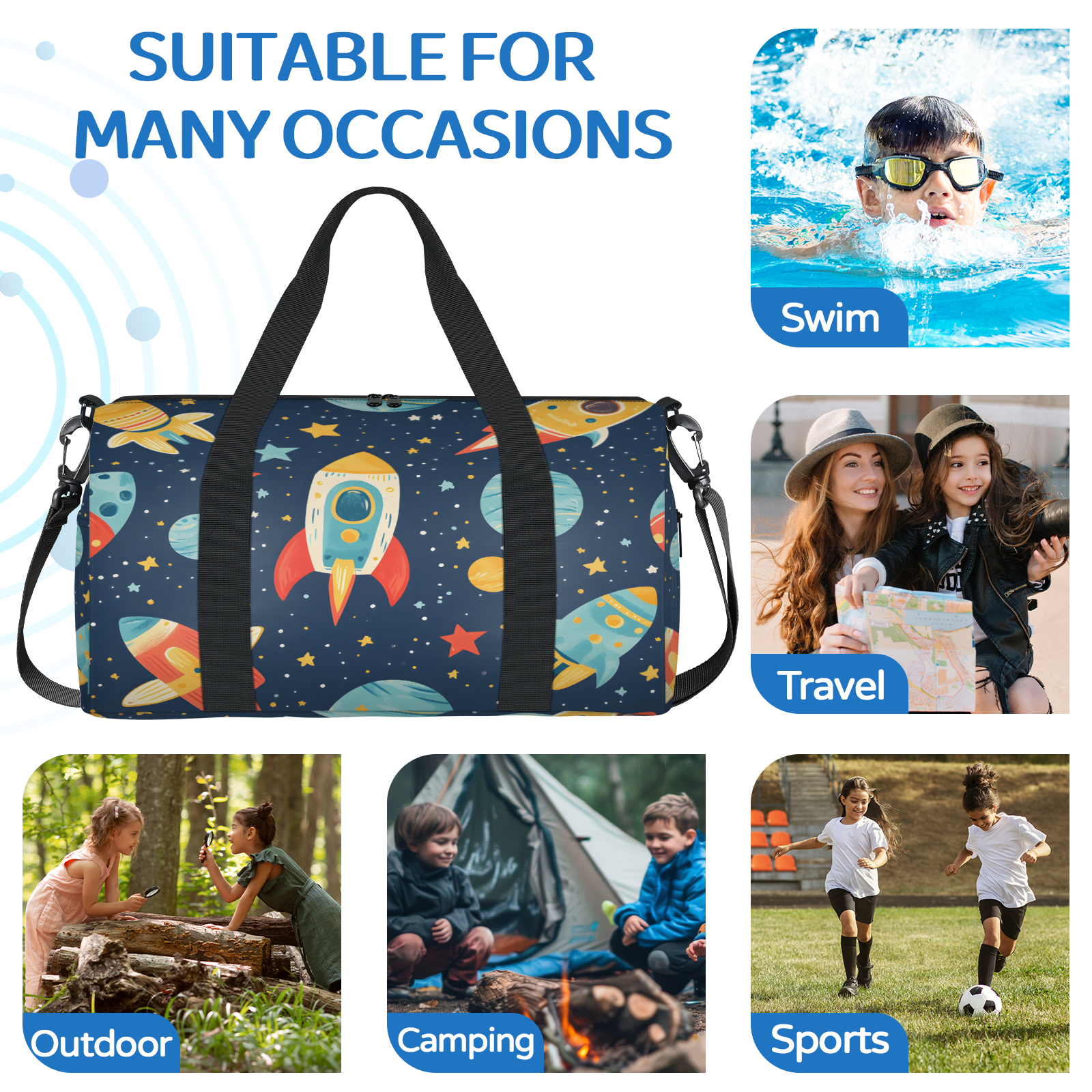 Herdesigns Rocket Gym Bag for Women, Duffle Bag for Travel Sport, Galaxy Star Lightweight Waterproof Carry on Weekender Dance Yoga Workout Bags