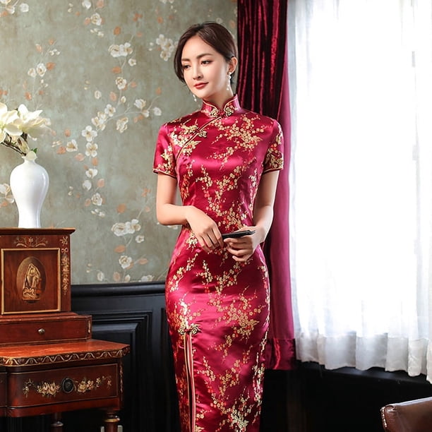 Vestido chino ajustado para niña, estilo joven, manga corta, estilo cheongsam, primavera, largo, brocado