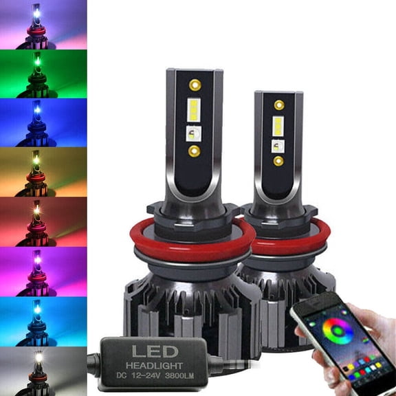 2pcs H8 H11 RGB LED Multicolor Phone Control Headlight Fog Light Low Beam Bulbs