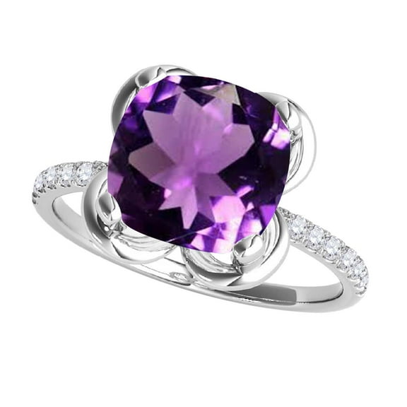 Mauli Jewels Rings for Women 2.25 Carat.Twt Diamond Cushion Shape Amethyst Ring 4 Prong 10K White Gold