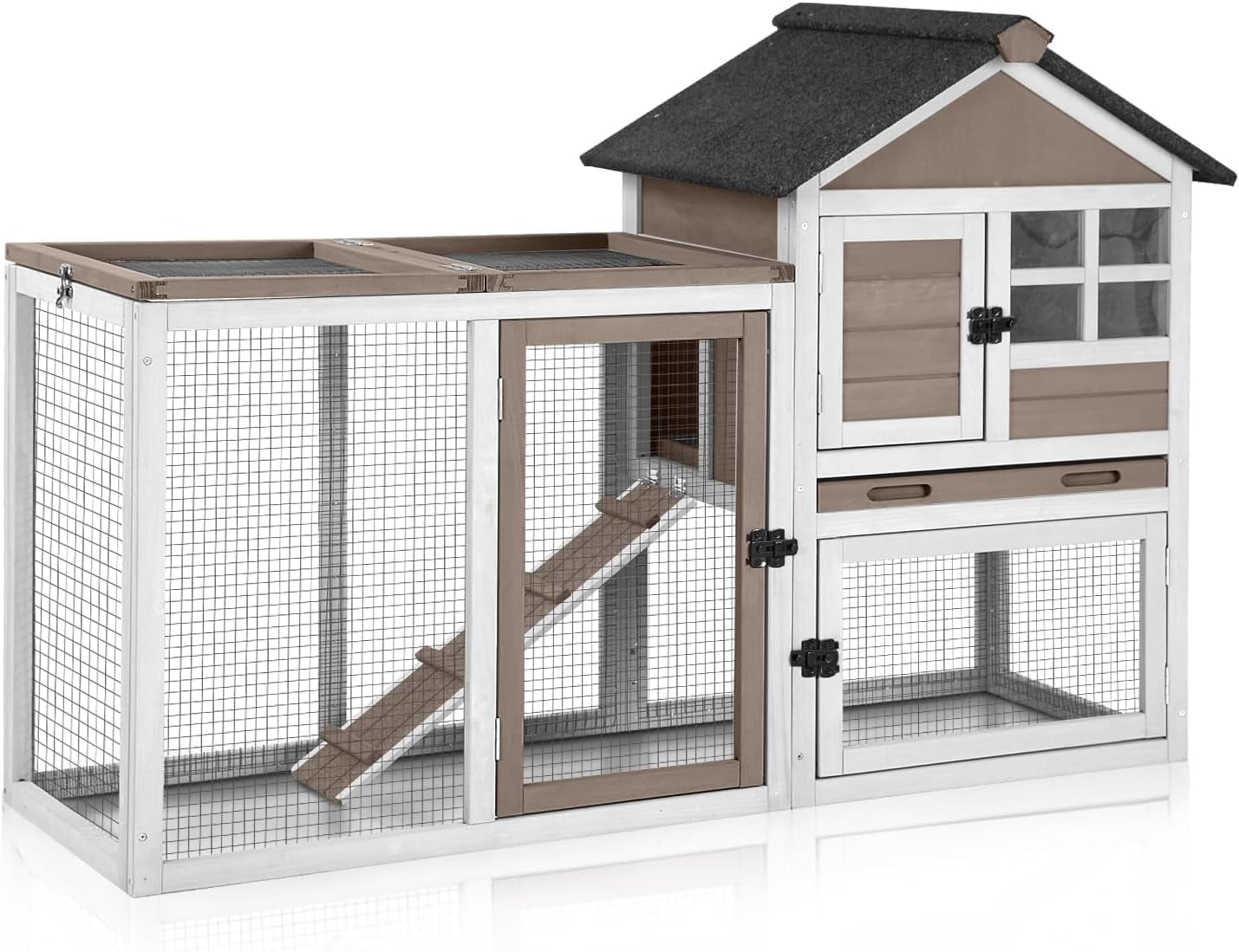 MEDEHOO Large Rabbit Hutch Indoor 2-Level Wooden Chicken Coop Outdoor Bunny Guinea Pig Cage with Run, Chew-Proof Ramp, Leak-Proof Pull Out Tray, Lockable Doors for Small Animals (Brown & White)